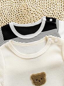 2件套新生男宝宝夏季刺绣小熊条纹纯色华夫格连体衣套装 - 杏色 - 查看 3