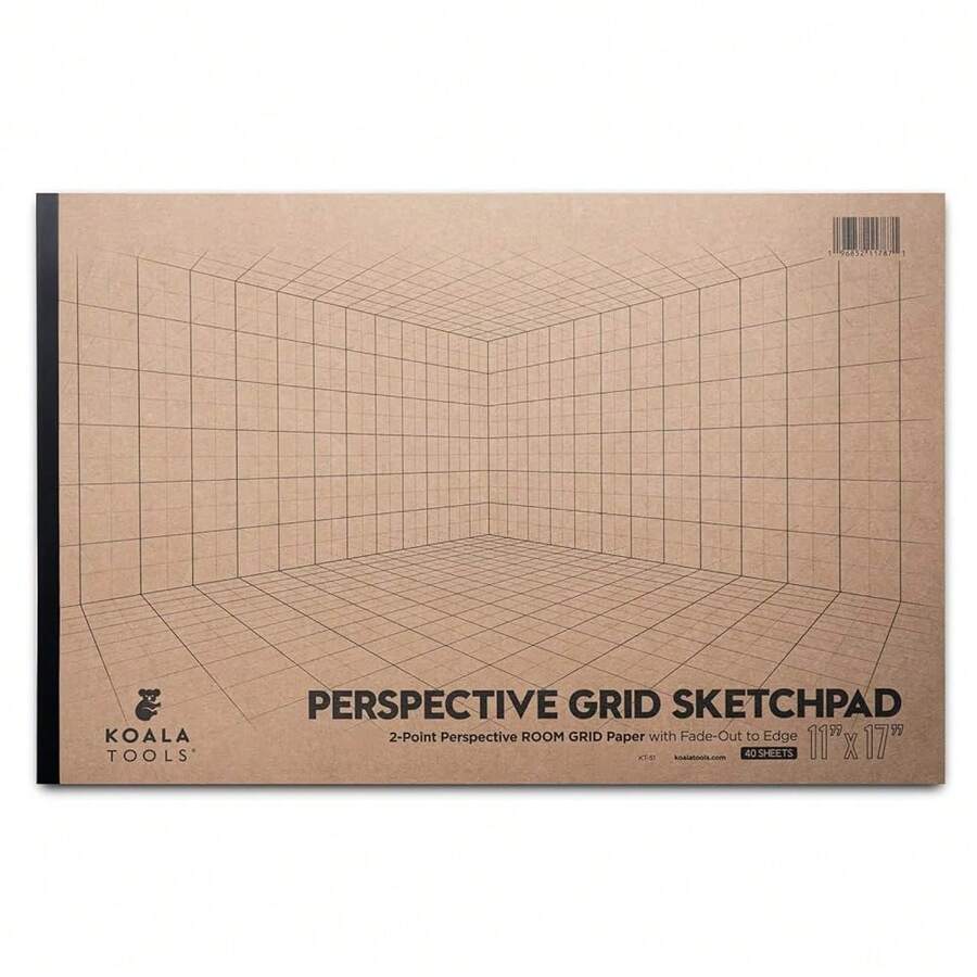 Kooalaa Tools - 40-Page Drawing Pad For 2-Point Perspective, Room Grid Sketch Pad With 3D Virtual Walls Design, Gridded Graph Paper For Interior Room Design, Industrial, Architectural 11 X 17 Inches - Phòng 2 điểm - 11x17 - Xem 1