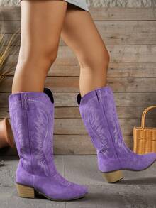 Women's Fashion Embroidered Solid Color Versatile Wedge Heel Side Zipper Wing Tall Boots, - Purple - View 3