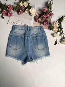 女士休闲直筒牛仔迷你短裤，裤脚做旧毛边设计，纽扣闭合，略带弹性的面料 - 藍色 - 查看 5