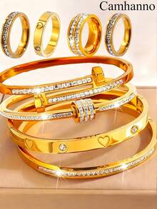 Camhanno 8/6pcs Set Elegant Multi-Color Stainless Steel Bracelet & Ring Jewelry Set, Unique Design, Ideal Fashion Accessory, Lucky Meaning, Suitable For Both Men And Women - Multicolor - View 11