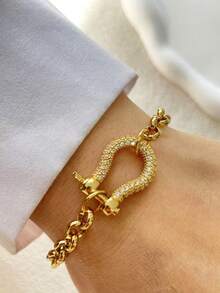 1 PC Gold Initial Letter Bracelet, Luxury Gold Sky Blue Oval Clasp And White Stone Clasp Bracelet, Stainless Steel Chain, For Work, Daily Life, Parties, Banquets, Dance Party Decoration, Unique And Luxurious Women's Bracelet - Yellow Gold - View 17
