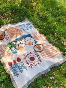 单件装病毒式艺术风格深蓝色星空图案户外野餐垫，花园露营流行耐磨涤纶面料，长方形垂坠流苏和精细锁边，易于打理的野餐毯，适合春季樱花森林野餐/朋友春季艺术聚会/家庭草坪茶话会/户外花园软装装饰 - 彩色 - 查看 11