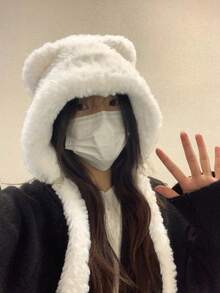 1顶可爱毛绒熊耳针织帽，保暖护耳飞行员帽，时尚毛绒护耳针织帽（女款） - 多色 - 查看 10