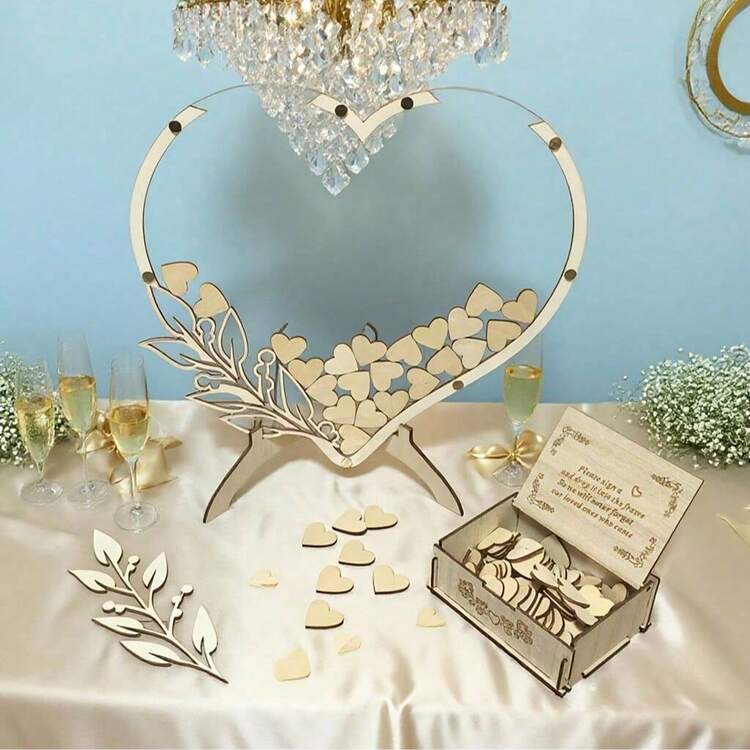 1 Set Wedding Guest Book Wooden Heart Shaped Acrylic Signature Board, Wedding Ceremony Decor, Party Celebration Message Board - Multicolor - View 5