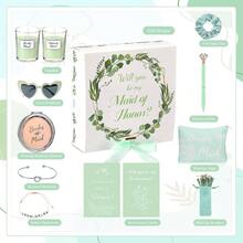 88 Pcs Bridesmaid Proposal Gifts Bridesmaid Box Set Maid Of Include Box Candle Invited Cards Scrunchies Hair Elastics Ties Knotted Bracelets Pens Blue - 綠色 + 現代 - 查看 6