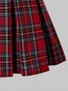 Girls Cartoon Pattern Knit T-Shirt And Pleated Plaid Skirt Set - Red - View 3