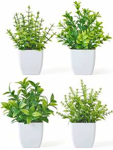 4 盆仿真植物迷你仿真绿植盆栽尤加利绿草塑料假植物尤加利仿真灌木，适用于家居浴室办公室桌面装饰 - 綠色 - 查看 1