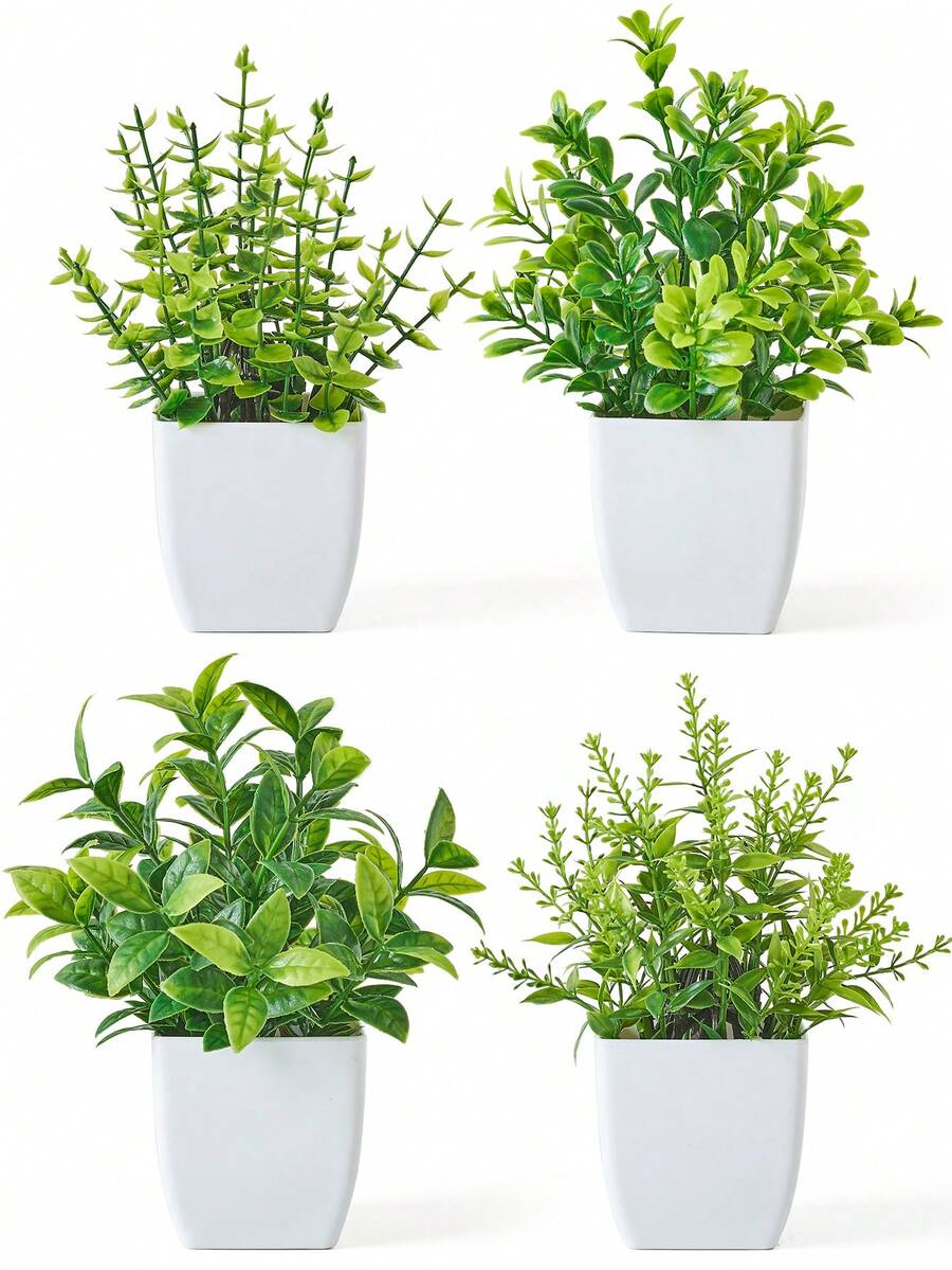 4 盆仿真植物迷你仿真绿植盆栽尤加利绿草塑料假植物尤加利仿真灌木，适用于家居浴室办公室桌面装饰 - 綠色 - 查看 1
