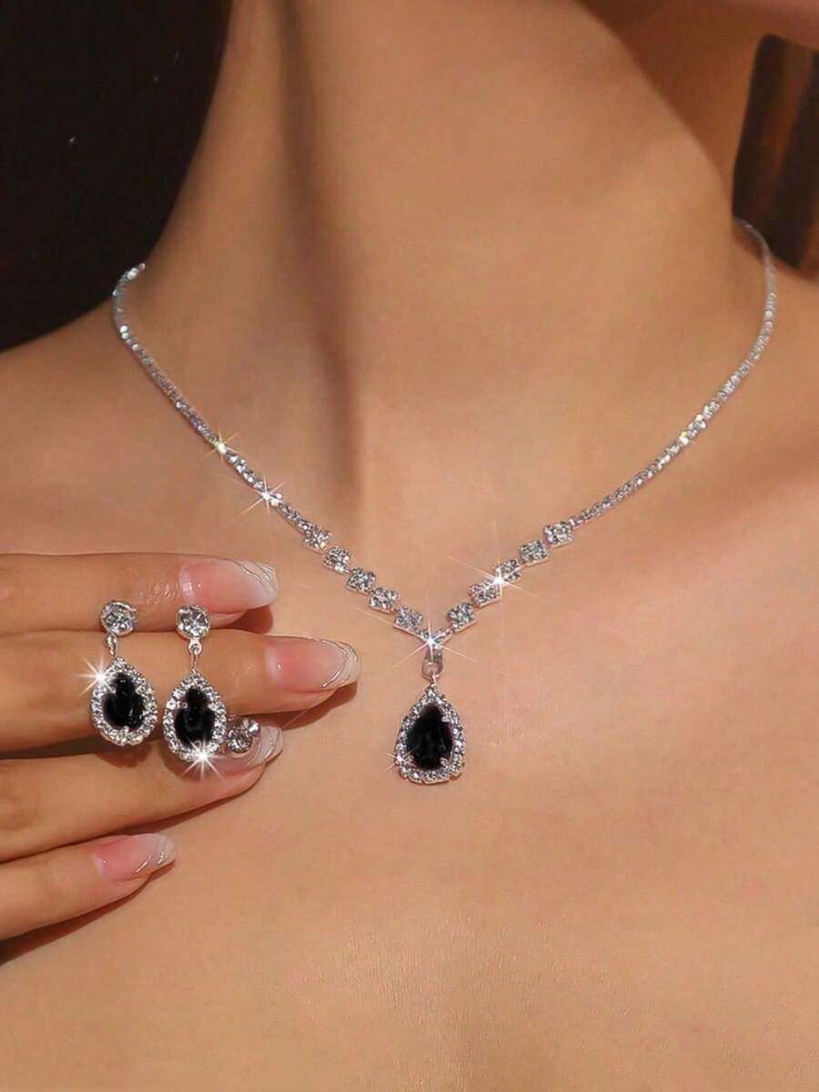 复古闪亮蓝色水滴吊坠项链耳环首饰套装，奢华新娘婚纱配饰，适合正式场合和派对 - 黑色 - 查看 1
