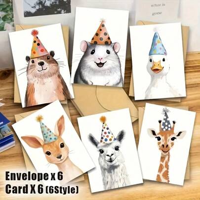 12 Stück lustiger Tier Geburtstagskarten Set (mit Umschlägen) - Partyhut tragender Ente, Maus, Giraffe, Waschbär und Alpaka | Geeignet für Familie, Freunde und Kollegen | Feiertags-Themen Schreibwaren | Lebendiges Illustrationsdesign