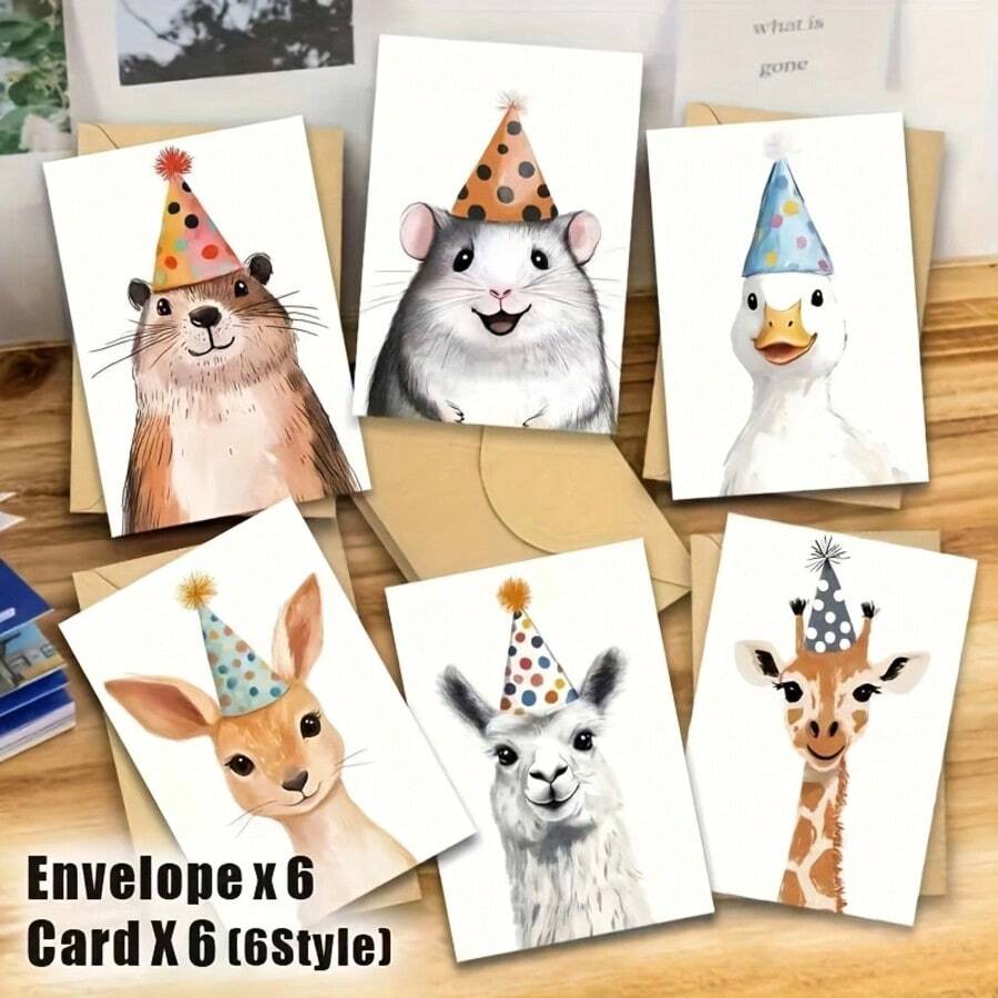 12张趣味动物生日贺卡套装（含信封） - 戴着派对帽的鸭子、老鼠、长颈鹿、浣熊和羊驼 | 适合送给家人、朋友和同事 | 节日主题文具 | 生动插画设计