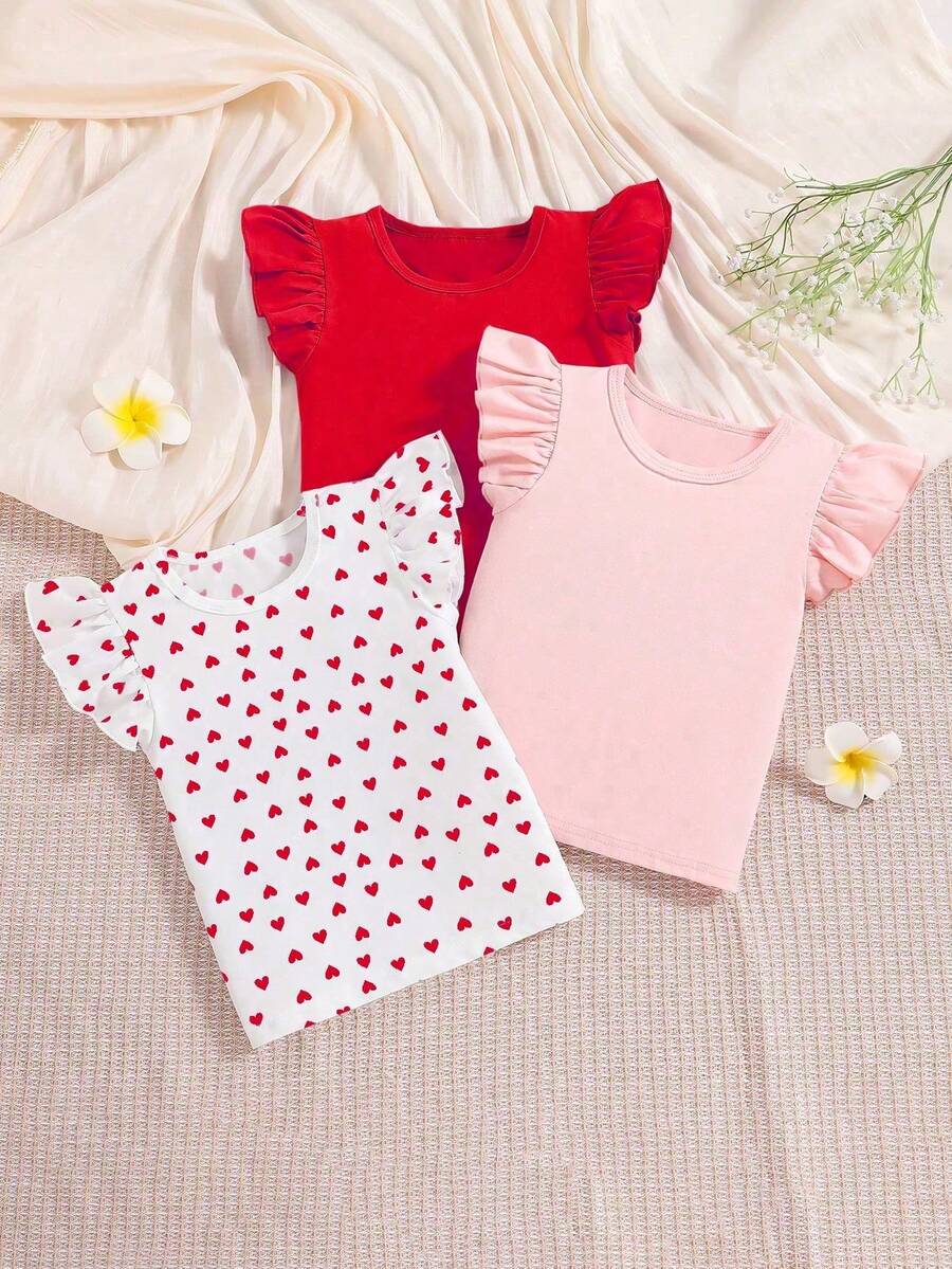 3pcs/Set Toddler Girls' Ruffle Sleeve Heart Print T-Shirts, Adorable Heart Print + Ruffle Sleeve Design, Makes Young GirlSweet And Playful! Available In Purple, Pink, And White Dream Colors, Versatile And Easy To Wear, Suitable For Daily Wear, Kindergarten, Parent-Child Activities, Etc. Soft And Breathable Fabric, Comfortable And Not Stuffy, Allowing Kids To Play Freely, Sweet And Fashionable! - Red - View 1
