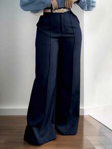 Solid Color Zipper Pocket Button Waistless Elegant Fashion Versatile Suit Pants For Commuting - Màu xanh hải quân - Xem 3
