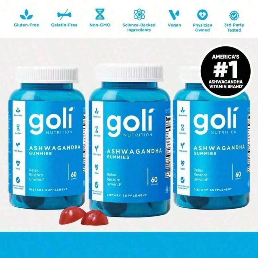 Goli Ashwagandha Gummies With Vitamin D & KSM-66 – Mixed Berry Flavor, Vegan, Non-GMO, Gluten & Gelatin Free – 60 Gummies Per Bottle - 3 包 - 查看 1