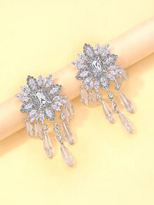 2件套奢华水钻花朵玻璃珠流苏耳环，夸张个性化高端女士耳环 - 銀色 - 查看 6