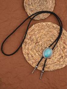 1件独特的波洛领带编织长项链，配椭圆形绿松石吊坠，可调节 - 薄荷藍 - 查看 6