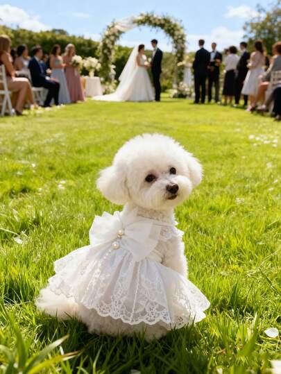 蝴蝶结网纱宠物连衣裙，可爱宠物夏季连衣裙，适合猫咪和小型犬，例如博美犬、泰迪犬、比熊犬、马尔济斯犬等，是情人节和婚礼季的理想之选。