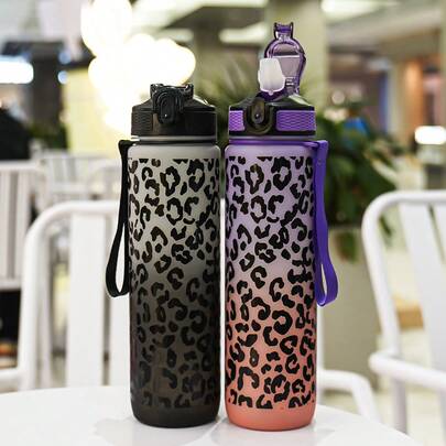 1pc 32oz/1000ml Leopard Print Sports Water Bottle, Stylish Design, Multiple Color Options, Comes With Carrying Strap For Outdoor Sports, Camping, Short Trips, Fitness, Cycling, Great Gift For Birthday, Holiday