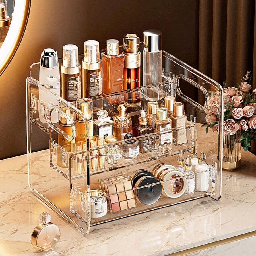 1pc Makeup Storage Box, Lipstick, Skincare, Multi-Compartment Organizer Rack, Home Vanity, High-End Quality, Large Capacity Cosmetic Storage Box, Perfect For Organizing Your Beauty Essentials - Clear - View 1