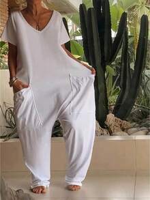 Women's Casual Solid Color V-Neck Pocket Short Sleeve Jumpsuits, Y2K Style Women's Clothing, Suitable For All Seasons, With Multiple Pocket Designs, Suitable For Outdoor Outfits, Cocktail Parties, Parties, Christmas, Nightclubs, Banquets Film Festivals, Cinemas, Balls, Cocktail Parties, Bars, Weddings, Graduation Ceremonies, Homecoming, Birthday Parties, Rebellious Girls, Festival-Themed Parties, Outings, Streetwear, Fashion Shows, Dates, Valentine's Day, Working Outside Universities, Schools, Villages, Concerts, Street Girls, Teenage Girls, Country-Style Women's Clothing, The Best Women For Outings, Ladies' Vacation Clothing, Country Concerts - 白色 - 查看 2