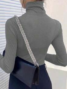 2025新款黑色高领透视网纱薄款长袖T恤，秋冬季叠穿上衣 - 灰色 - 查看 4