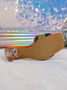 Sandalias de tacón alto con tiras de color block y tacón chapado en rhinestones 2026 Nuevas para mujer, color nude - Naranja - Ver 6