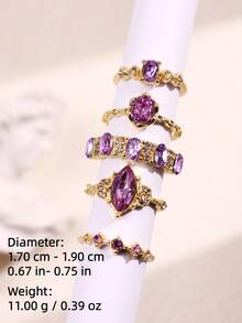 5件套 时尚优雅奢华百搭休闲别致紫色水钻金色戒指，适合送给女朋友，日常、假日、派对佩戴 - 彩色 - 查看 10