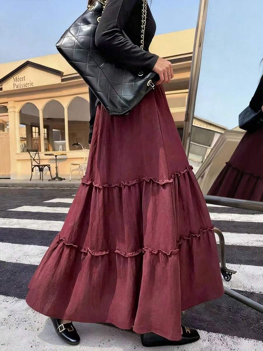 EARO Chic Women's Burgundy Long Layered Maxi Skirt, Elastic High Waist Casual Flowy A-Line Skirt - Burgundy - View 1