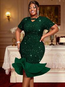 Plus Size Sequin Mermaid Ruffle Hem Gorgeous Festival Party Dress Short Sleeve Wedding Guest Outfits - Màu xanh lá cây đậm - Xem 3
