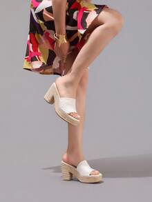 麻绳坡跟凉鞋，露趾绑带，夏季度假休闲高跟防水一脚蹬拖鞋，日常时尚女鞋 - 白色 - 查看 11