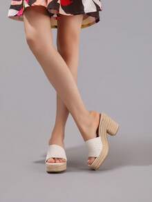 麻绳坡跟凉鞋，露趾绑带，夏季度假休闲高跟防水一脚蹬拖鞋，日常时尚女鞋 - 白色 - 查看 9