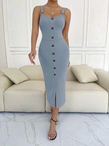 Women's Solid Color Button Design Slit Sleeveless Dress, Spring/Summer - Baby Blue - View 4
