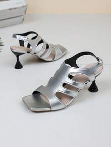 Geometric Cut-Out Heels | Silver Metallic Strappy Sandals For Futuristic Party Look - Silver - View 2