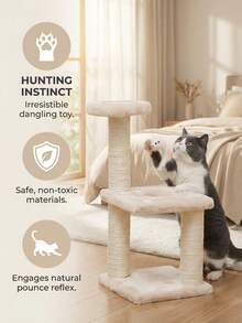 1pc Three-Tier Cat Climbing Frame Linen Braided Columns Felt Base Cat Claw Grinding Toy Cats Climb Treehouses Frame Interactive Cat Scratching Post With Hanging Mouse Hard-Wearing Cat Supplies