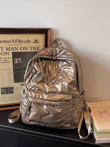 Sac à dos étudiant couleur or, nouveau style classique mode collège, design à motif losange couleur unie, extérieur décoré avec pendentif en forme de C en cristal, grande capacité multi-poches. Convient pour les voyages et les vacances, idéal pour une utilisation sur le campus pendant les périodes scolaires, également adapté pour les courts trajets. - Doré - Voir 8