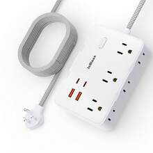 JcBlaon 6位扁平插头电源排插，带4个USB接口（2个USB-C），5英尺编织线，可壁挂安装，适用于家庭、宿舍等场所。