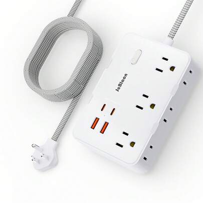 JcBlaon 6位扁平插头电源排插，带4个USB接口（2个USB-C），5英尺编织线，可壁挂安装，适用于家庭、宿舍等场所。