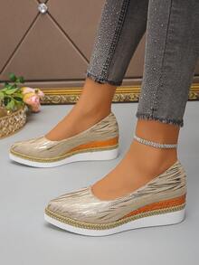 2026春秋新款时尚厚底编织一脚蹬女鞋，休闲百搭尖头高跟坡跟复古乐福鞋 - 金色 - 查看 3