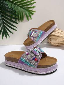 2026 Spring/Summer New Women's Sandals, Double Strap, Rhinestone Fashionable Thick-Soled Slippers, Random Floral Patterns, Essential For Vacation & Beach, Suitable For All-Day Wear - Purple - View 7