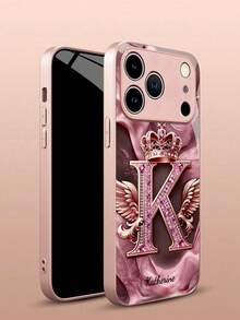 1 pieza Funda de teléfono de vidrio con monograma floral, textura de rosa dorada degradada, con piedras de rhinestone y diseño de texto y letras personalizables, compatible con iPhone, mejor regalo para amigos y familiares - Rosa - Ver 5