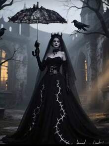 1把哥特式蕾丝伞，浪漫公主伞，新娘婚礼伞，适用于婚礼、节日、舞蹈道具 - 优雅黑色婚礼及万圣节服装配饰，花卉图案，非常适合新娘送礼会、摄影和主题活动、婚礼装饰、派对装饰、公主主题装饰，无需用电，嘉年华