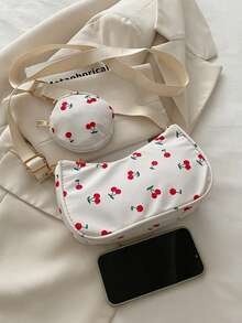 Set de 2 piezas de bolso bandolera con estampado de flores de cerezo, bolso cuadrado mini con estampado geométrico para el Día de San Valentín con monedero, bolso cuadrado con estampado vintage de Body completo - Rojo y blanco - Ver 3