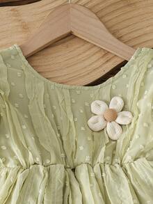 Young Girl' Fashionable Casual Cute Set, Floral Puff Sleeve Crop Top + Loose Simple Shorts - Mint Green - View 3