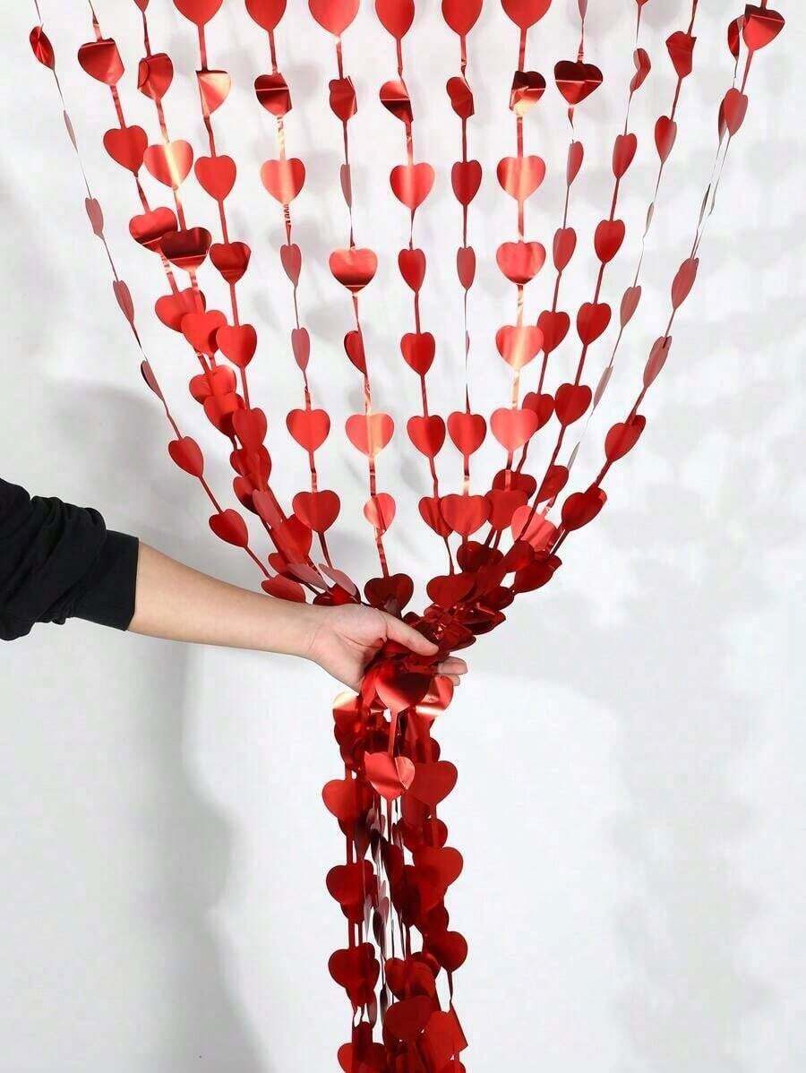 1pc Valentine's Day Heart Shaped String Curtain, Party Background Decor - Red - View 1