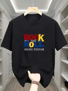 Rock Music Theme ROCK AND ROLL MUSIC STATION Rock Music Station Colorful Vintage Text Print White Casual Short-Sleeve T-Shirt - Black - View 2