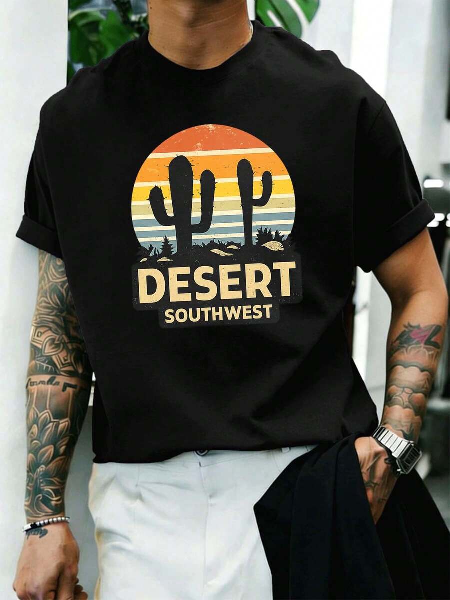 T-Shirt mit Wüsten- und Südwest-Motiv, hochwertiger Stoff, lockere Passform, bequeme Passform, lässiger Stil, einzigartiges Grafikmuster - Schwarz - Übersicht 1