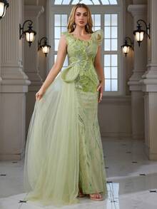 Luxury Beaded & Sequin Embroidered Elegant Mermaid Fishtail Tulle Maxi Dress, Suitable For Cocktail, Wedding, Evening Party - Green - View 6