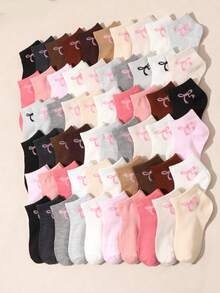 10/20 Pairs Random Girls Kids Bow Print Boat Socks, Assorted Colors Low Vamp Invisible Short Socks, Breathable Comfortable Non-Sweaty, Thin Low-Cut Socks For Spring/Summer, Versatile Daily Wear, Back To School - Multicolor - View 2