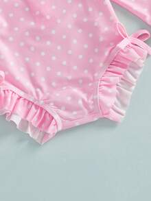 Baby Girl Polka Dot Long Sleeve Rash Guard Swimsuit Set Ruffle One Piece Bathing Suit Bow Swim Cap Infant Beach 2Piece Set - Rosa - Ver 7